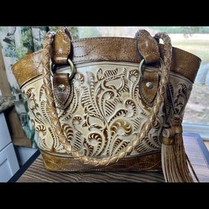 Patricia Nash Zorita Handbag Embossed Leather Tuscan Tooled Satchel Tote — Sand